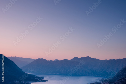 Sunset in Boka Kotorska view from Kotor Fortress photo