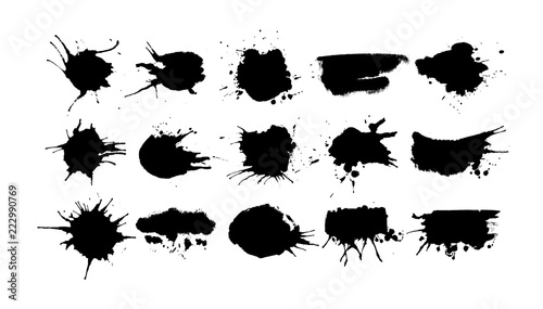 Big set of black ink splashes and drops.