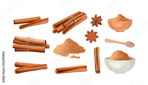 Cinnamon stick and powder set. Natural ingredient