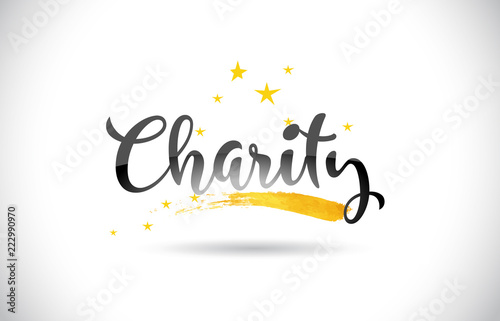 Charity Word Vector Text with Golden Stars Trail and Handwritten Curved Font.