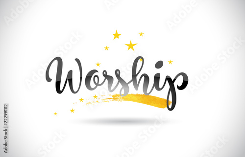 Worship Word Vector Text with Golden Stars Trail and Handwritten Curved Font.