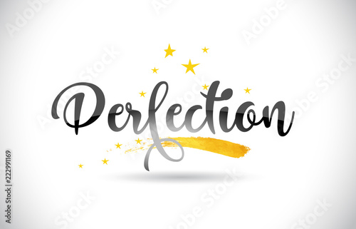 Perfection Word Vector Text with Golden Stars Trail and Handwritten Curved Font. photo