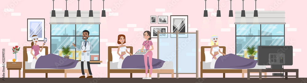 Plastic surgery clinic interior with women after operation