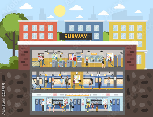 Subway interior with train and railway illustration