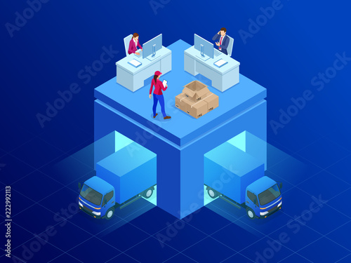 Isometric delivery service. Delivery van and package man. Flat style vector illustration.