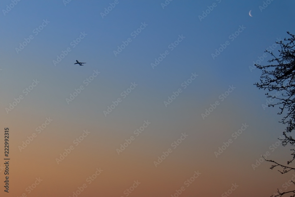Airplane and Crescent at Dawn