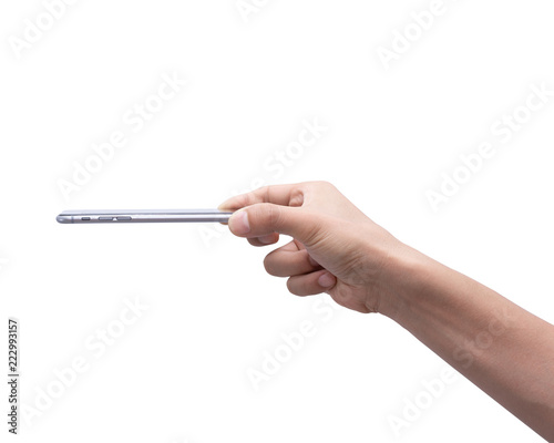 hand with smart phone of female Asia girl on white back ground isolate, touch on screen by finger and hold by hand.
