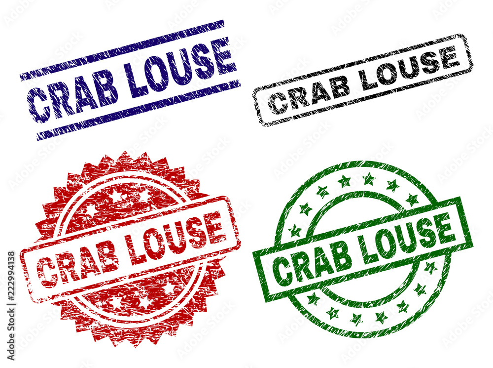 CRAB LOUSE seal prints with damaged style. Black, green,red,blue vector rubber prints of CRAB LOUSE label with grunge texture. Rubber seals with round, rectangle, medal shapes. CRAB LOUSE seal prints with damaged style. Black, green,red,blue vector rubber prints of CRAB LOUSE label with grunge texture. Rubber seals with round, rectangle, medal shapes.
