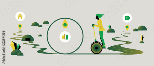 A man rides a Segway on a winding road. Icons, flat style, SEO, for background, web.