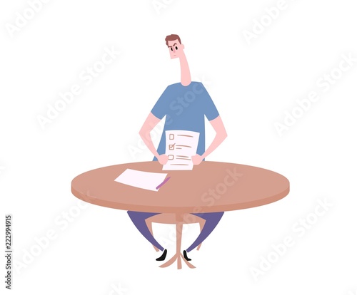 Funny cartoon man sitting at the table with an answer sheet in front of him. Colorful flat vector illustration. Isolated on white background.