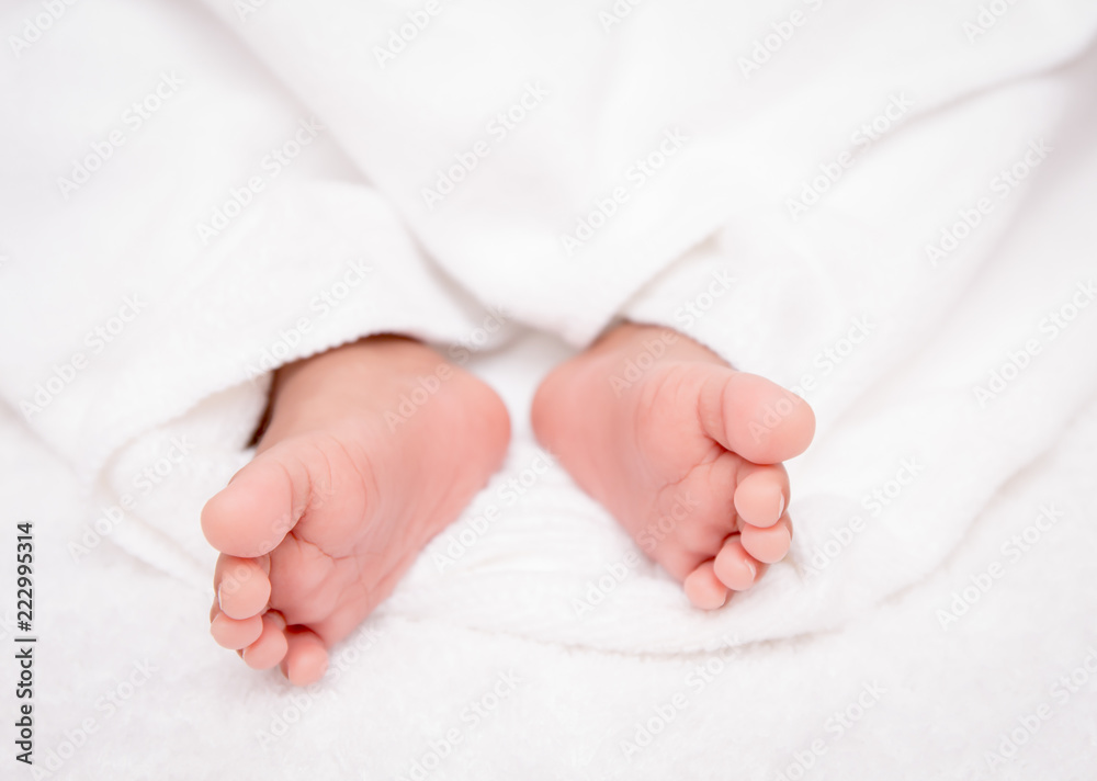 closeup baby feet on a white blanket closeup baby feet on a white blanket
