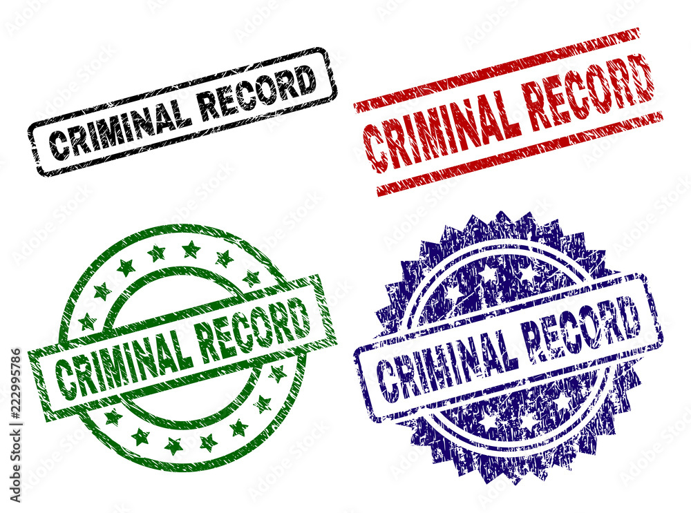 CRIMINAL RECORD seal stamps with distress surface. Black, green,red,blue vector rubber prints of CRIMINAL RECORD text with corroded surface. Rubber seals with circle, rectangle, medal shapes. CRIMINAL RECORD seal stamps with distress surface. Black, green,red,blue vector rubber prints of CRIMINAL RECORD text with corroded surface. Rubber seals with circle, rectangle, medal shapes.