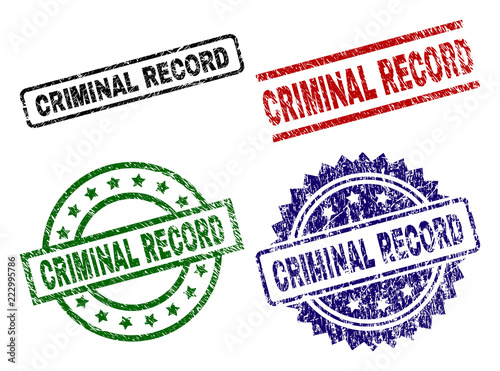 CRIMINAL RECORD seal stamps with distress surface. Black, green,red,blue vector rubber prints of CRIMINAL RECORD text with corroded surface. Rubber seals with circle, rectangle, medal shapes.