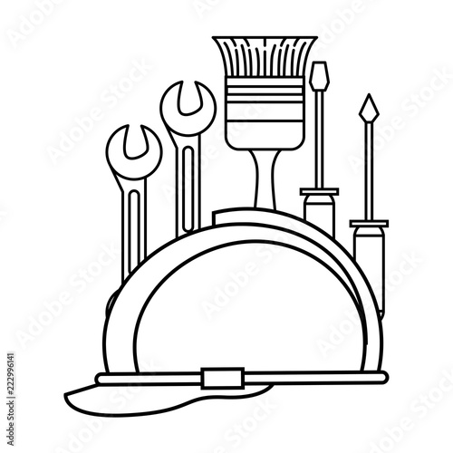 Construction helmet with tools in black and white