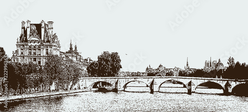 Vector illustration of a view on river Seine in Paris, France