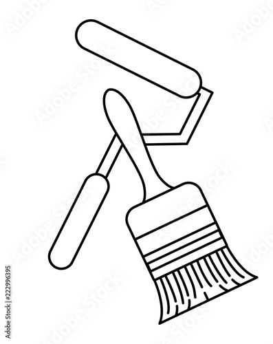Paint brush and paint roll construction tools in black and white