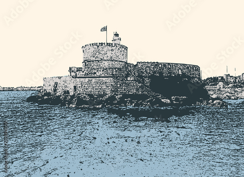 Vector illustration of Venetian Fortress in Rhodes, Greece photo