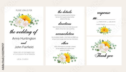 Beautiful floral wedding invitation set with yellow chrysanthemum and white peony. This wedding invitation template set includes four templates: invitation card, rsvp card, details and thank you card.