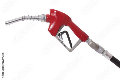 Gasoline pump nozzle with red vinyl covered handle isolated on white