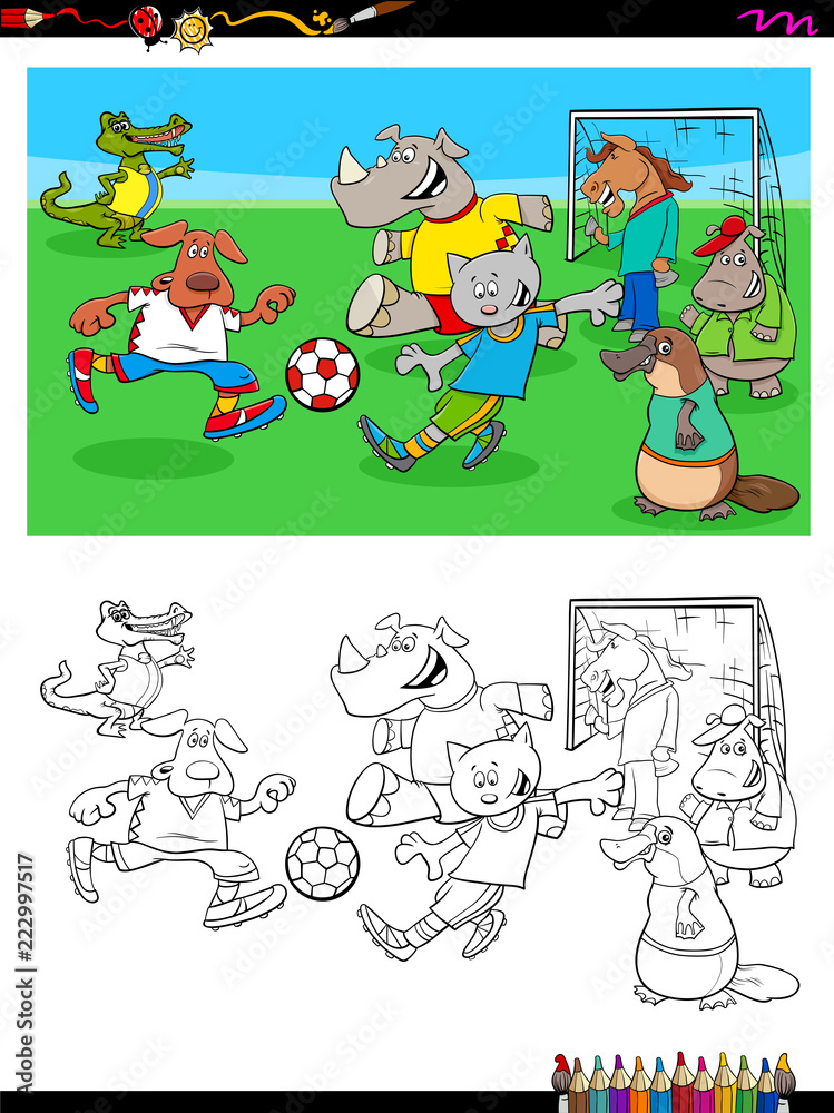 animal characters playing soccer coloring book