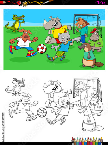 animal characters playing soccer coloring book