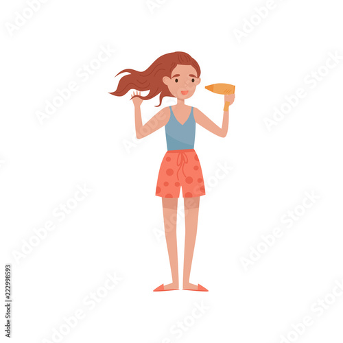 Girl drying her hair with dryer, beauty treatment, young woman taking care of herself vector Illustration on a white background