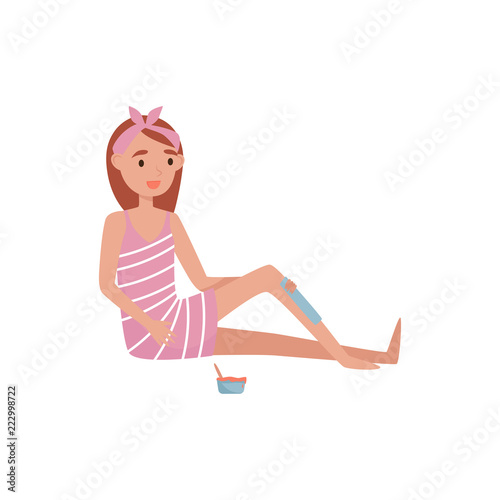 Girl doing wax depilation of her legs to remove hair, beauty treatment, young woman taking care of herself vector Illustration on a white background