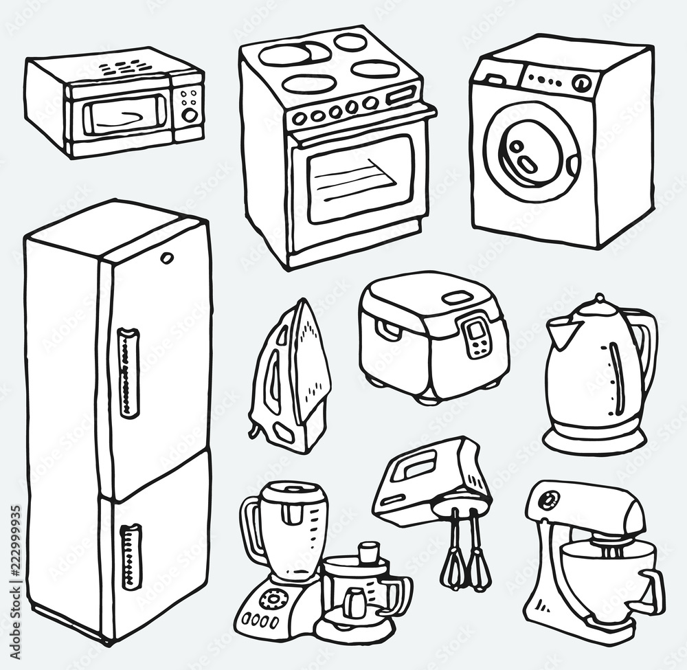 Cartoon hand-drawn household appliances for cooking and cleaning