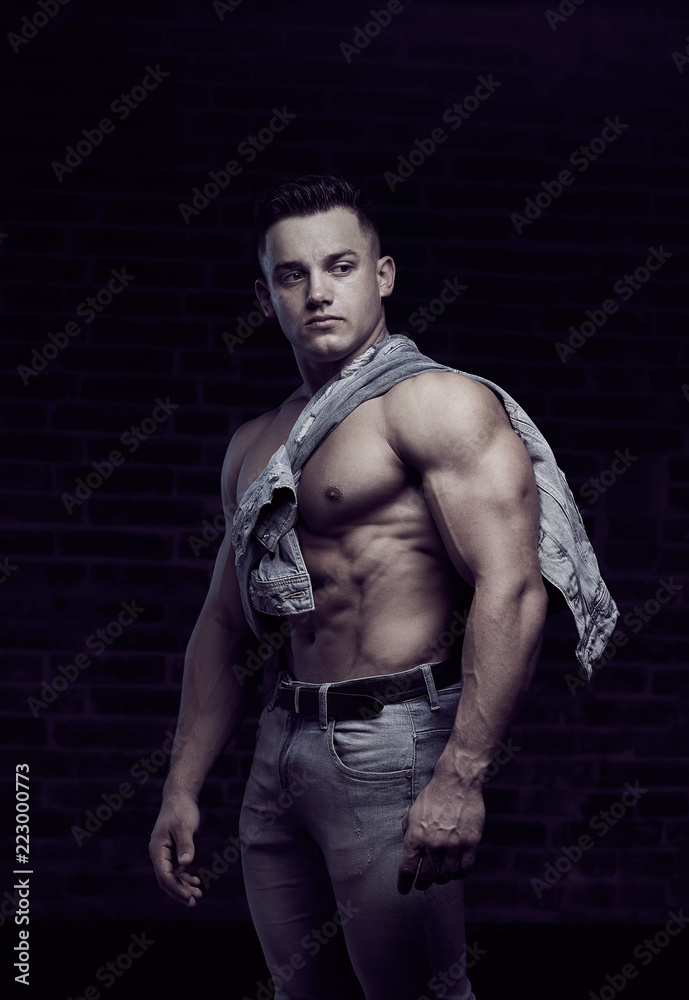 Man Fit Body. Closeup Sexy Fitness Male Body With Muscular Abs Stock Photo