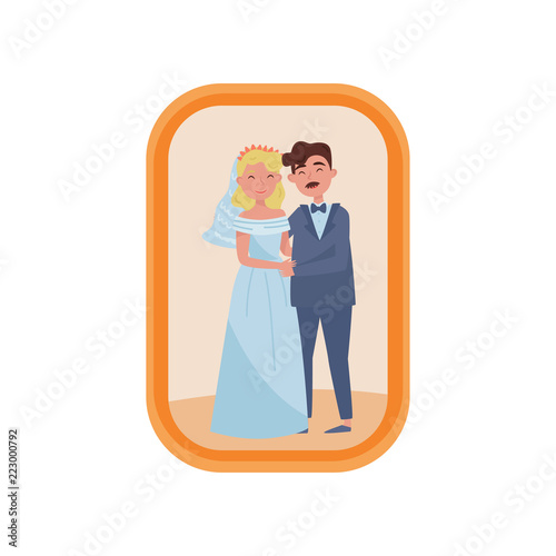 Portrait of newly married couple, family photo in wooden frame vector Illustration on a white background