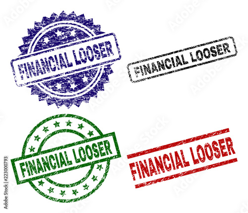 FINANCIAL LOOSER seal prints with corroded surface. Black, green,red,blue vector rubber prints of FINANCIAL LOOSER label with unclean style. Rubber seals with round, rectangle, medallion shapes.