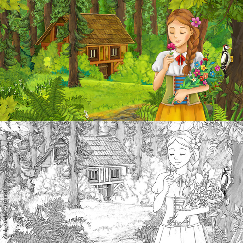 cartoon scene with woman princess in the forest near hidden wooden house - with artistic coloring page - illustration for children