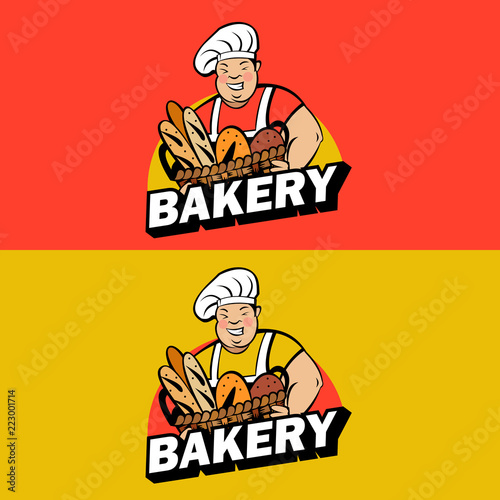 Cute fat Baker with a basket of fresh bread. Vector bakery logo.