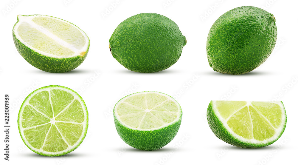 Collection fresh lime, whole, cut in half, slice