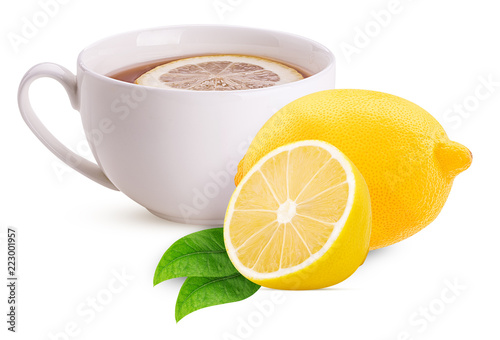 Hot black tea with lemon one cut in half and slice with leaf