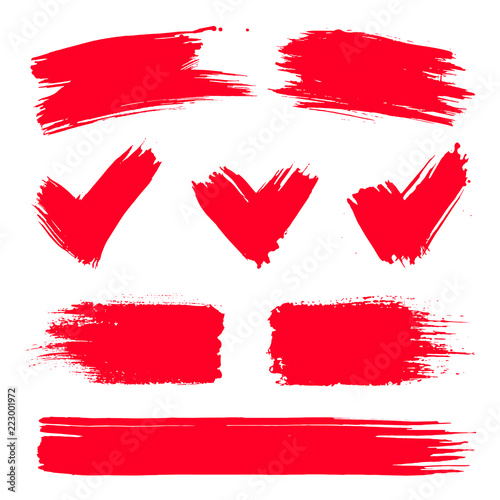 Vector red paint, ink vector brush splash, brush, stroke, frame or texture. Grunge paintbrushes, backgrounds, ink boxes. Banner, shape, logo, icon, label, sticker and badge set. Blank design elements.