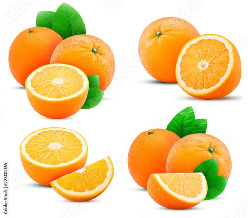 Collections orange fruit, whole, slice, cut in half with leaf