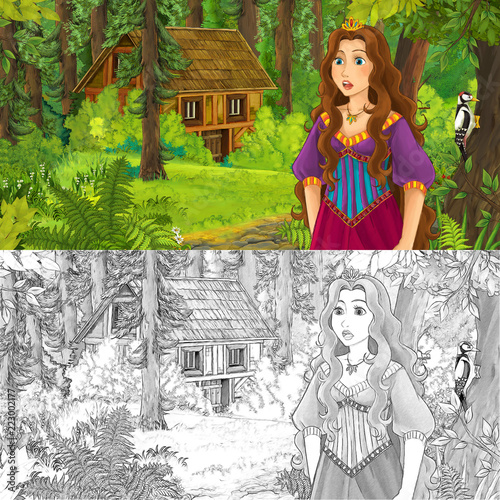 cartoon scene with happy young girl in the forest encountering hidden wooden house - with artistic coloring page - illustration for children