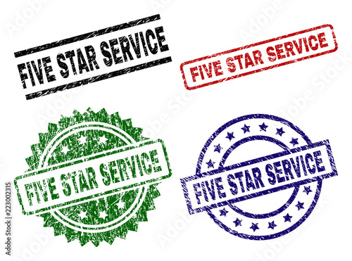 FIVE STAR SERVICE seal prints with damaged style. Black, green,red,blue vector rubber prints of FIVE STAR SERVICE title with dirty style. Rubber seals with round, rectangle, rosette shapes.