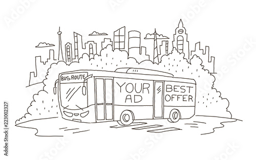 Passenger-carrying coach bus with advertising sketch.