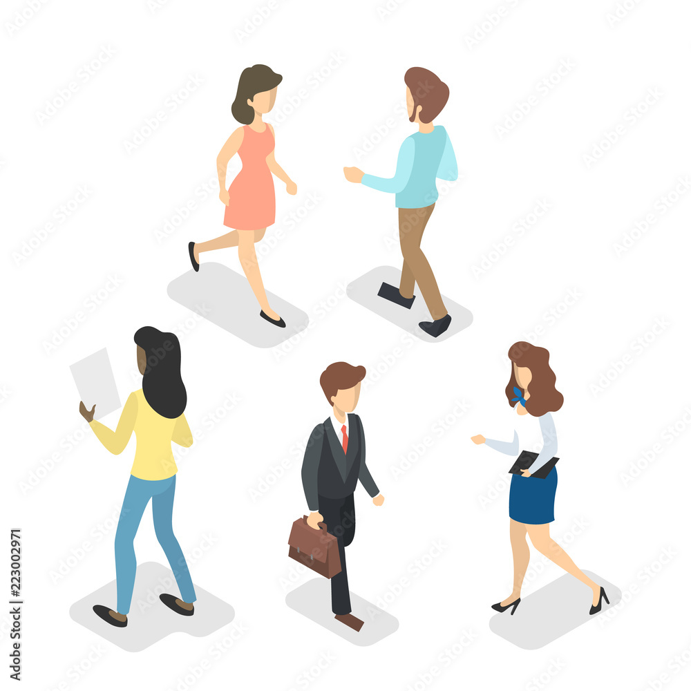 Fototapeta premium Isometric walking people set. Collection of character