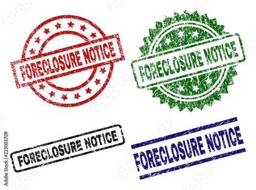 FORECLOSURE NOTICE seal prints with corroded surface. Black, green,red,blue vector rubber prints of FORECLOSURE NOTICE text with corroded style. Rubber seals with round, rectangle, medallion shapes.