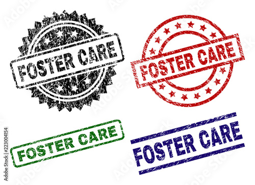 FOSTER CARE seal stamps with distress texture. Black, green,red,blue vector rubber prints of FOSTER CARE label with grunge texture. Rubber seals with circle, rectangle, rosette shapes.