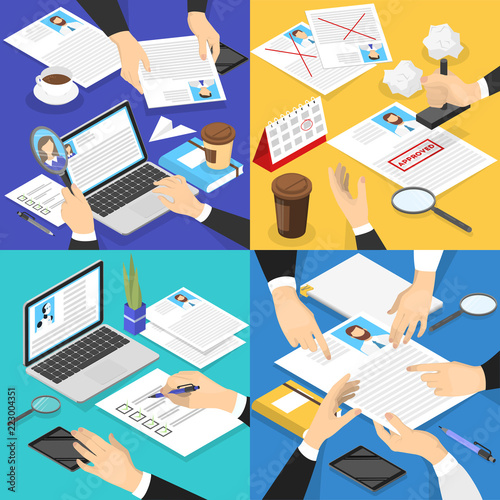 Hand holding CV profiles set. HR manager making resume examination.