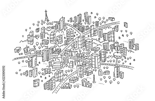 Town sketch In the circle. Hand drawn black line.