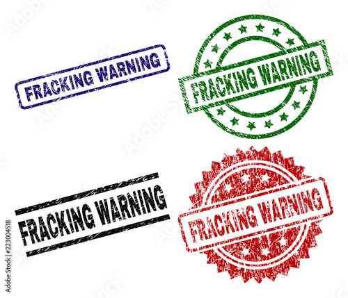 FRACKING WARNING seal prints with damaged surface. Black, green,red,blue vector rubber prints of FRACKING WARNING label with unclean surface. Rubber seals with circle, rectangle, medallion shapes.