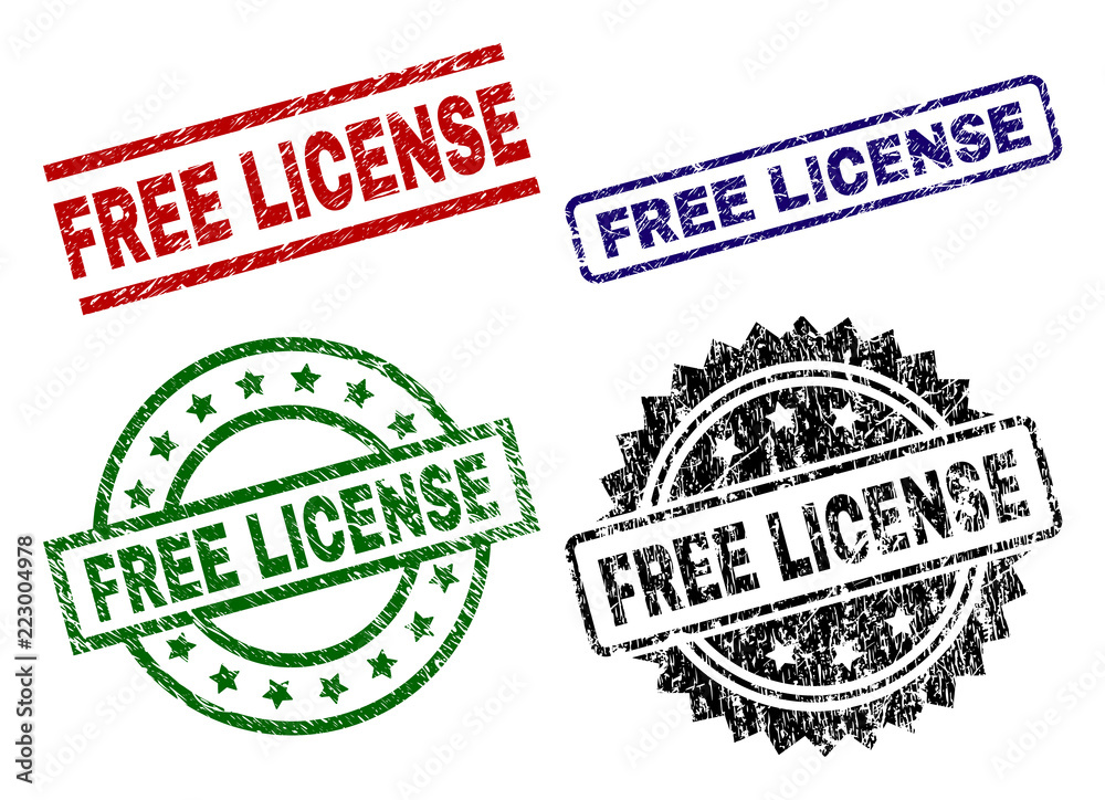 FREE LICENSE seal prints with damaged style. Black, green,red,blue vector rubber prints of FREE LICENSE label with corroded style. Rubber seals with circle, rectangle, medal shapes. FREE LICENSE seal prints with damaged style. Black, green,red,blue vector rubber prints of FREE LICENSE label with corroded style. Rubber seals with circle, rectangle, medal shapes.