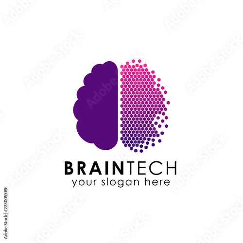 digital brain logo design in pixel style. brain tech vector icon