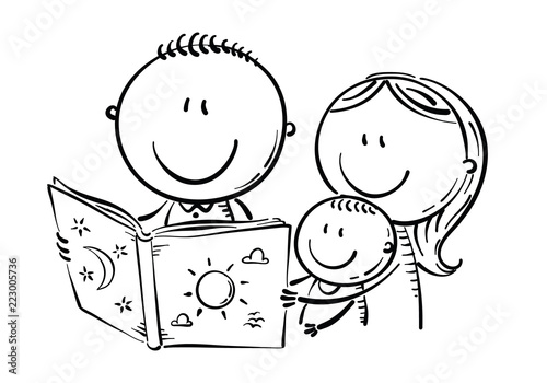 Happy family reading a book together, black and white