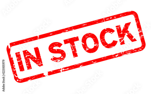 Grunge red in stock word square rubber seal stamp on white background
